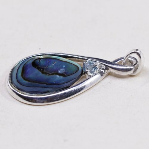 Vtg Sterling 925 Silver Handmade Pendant W/ Teardrop Abalone N Sapphire Detail