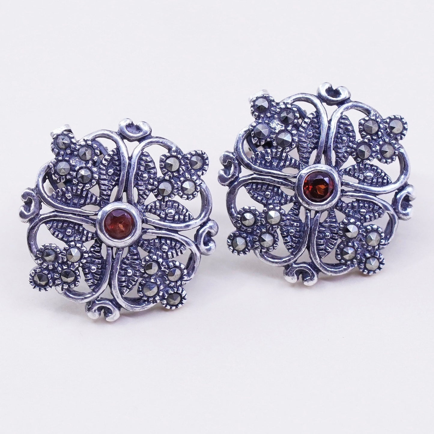 Sterling 925 silver handmade filigree clip on earrings with ruby and Marcasite
