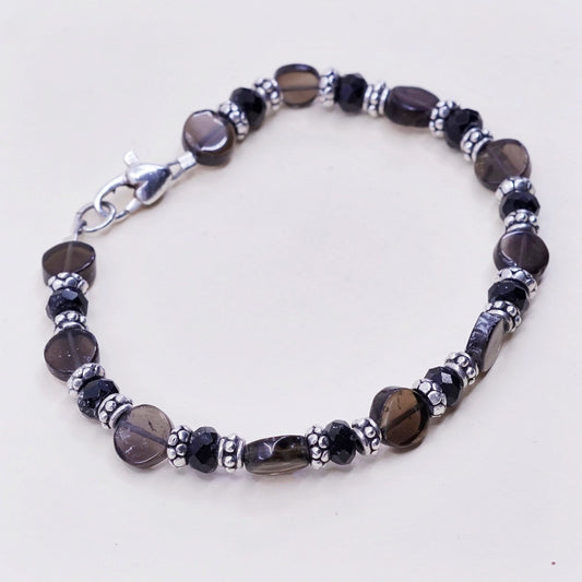 7”, sterling silver handmade bracelet, 925 beads w/ smoky crystal N heart clasp