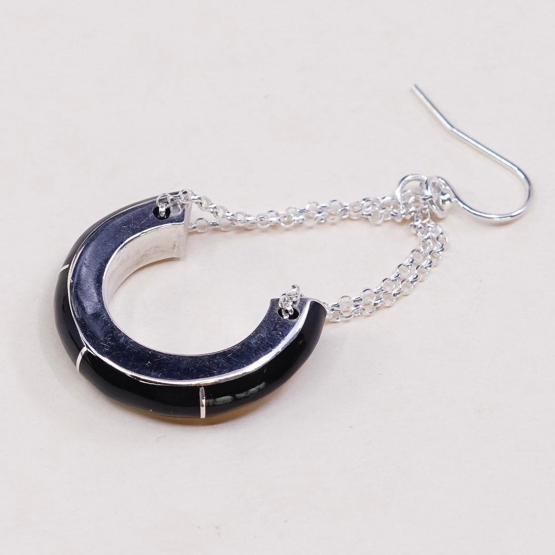 vtg Sterling silver handmade earrings, 925 w/ circle shaped dangles n obsidian