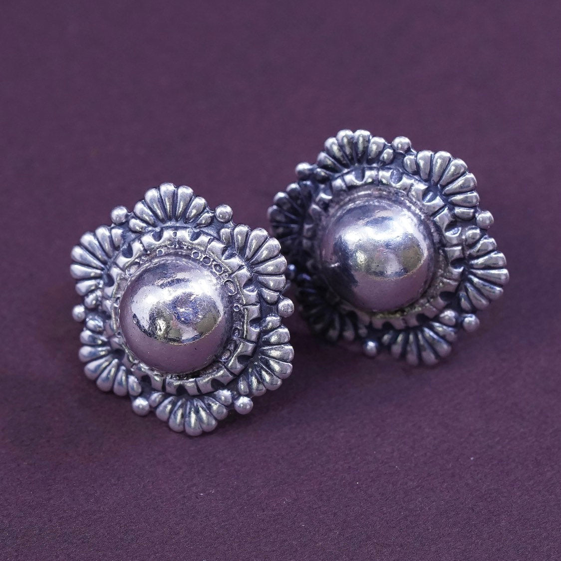 vtg Sterling silver handmade screw back earrings, 925 textured flower