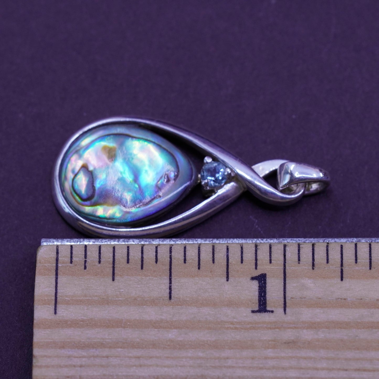 Vintage Sterling 925 silver handmade pendant with teardrop abalone and topaz