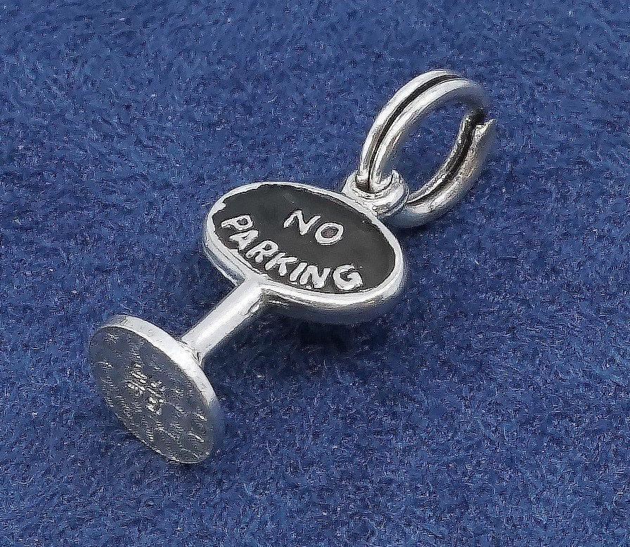 vtg Sterling silver handmade pendant, 925 ”no parking” sign, stamped STG JMF