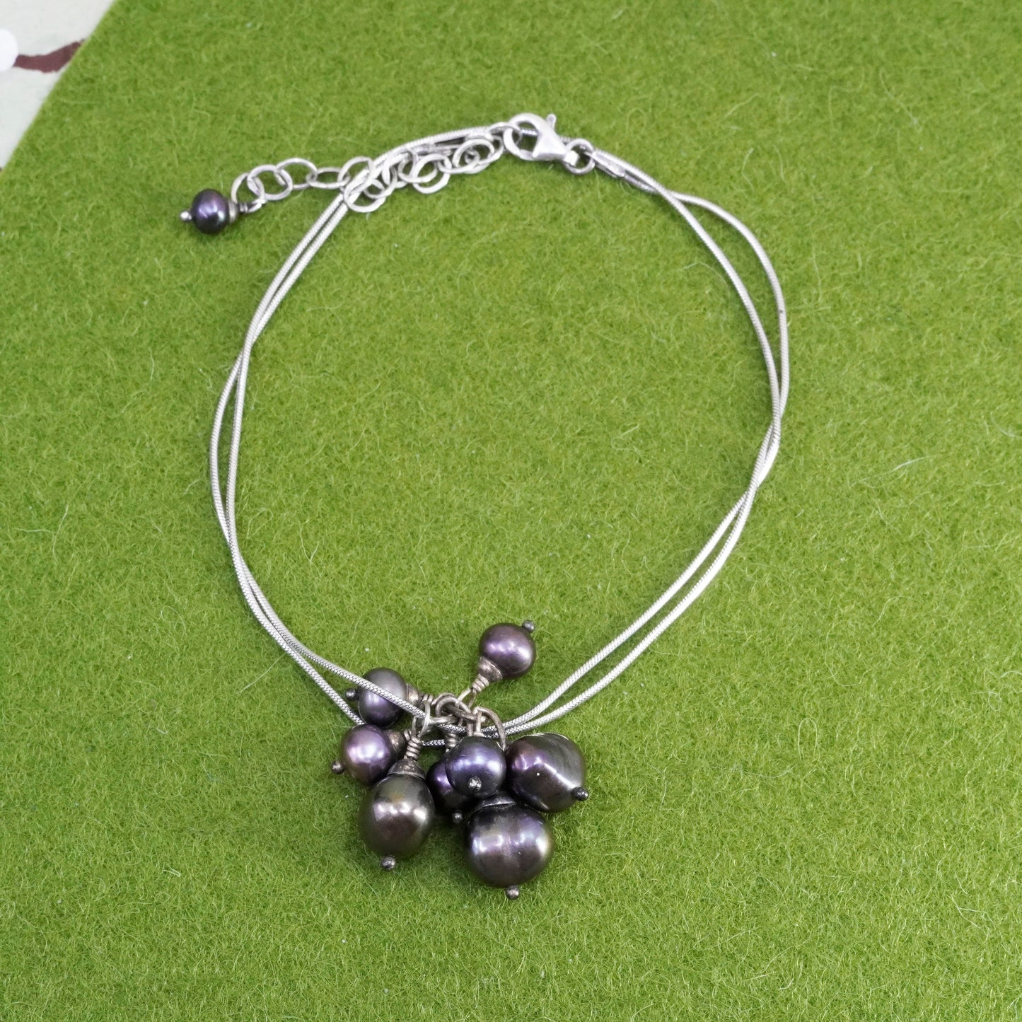 16+2”, sterling 925 silver handmade necklace, snake chain cluster black pearls