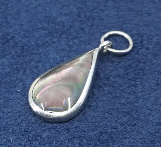 vtg sterling silver handmade pendant, 925 teardrop charm w/ abalone