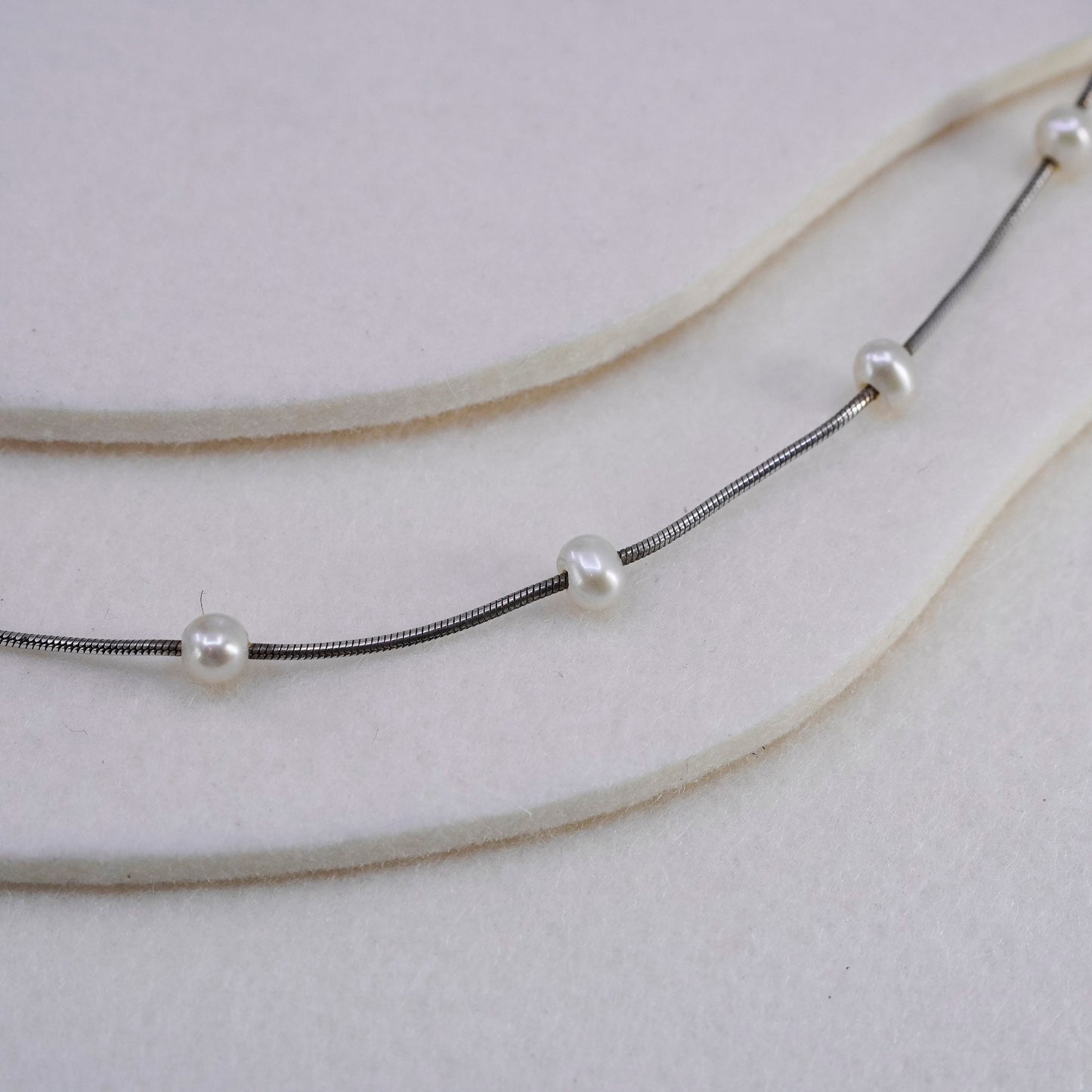 16”, vintage Sterling 925 silver handmade snake chain necklace with pearl beads