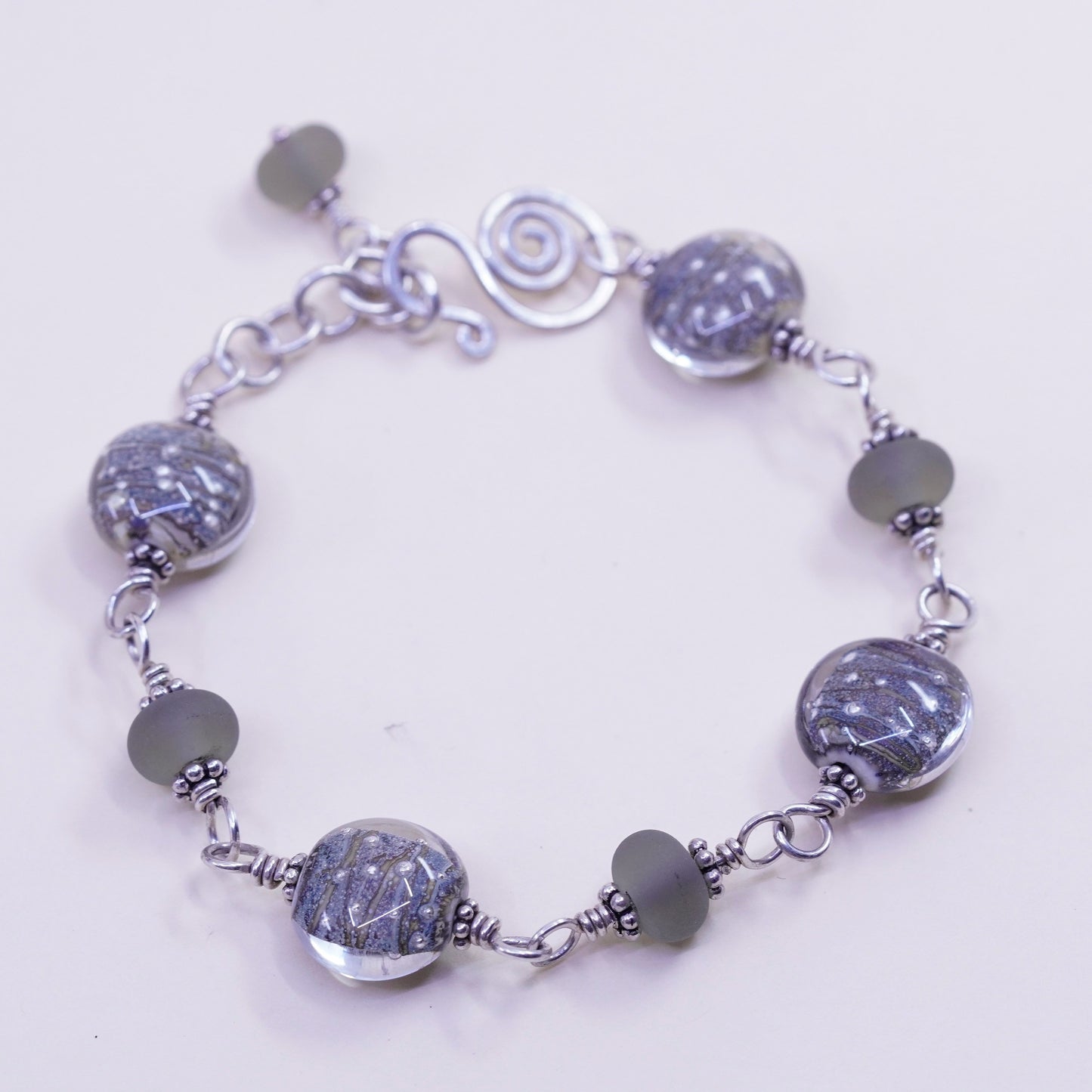 7.25”, vintage 925 Sterling 925 silver beads bracelet with artisan foiled glass