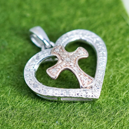 Vermeil rose gold filled sterling silver pendant, 925 heart with cross diamond