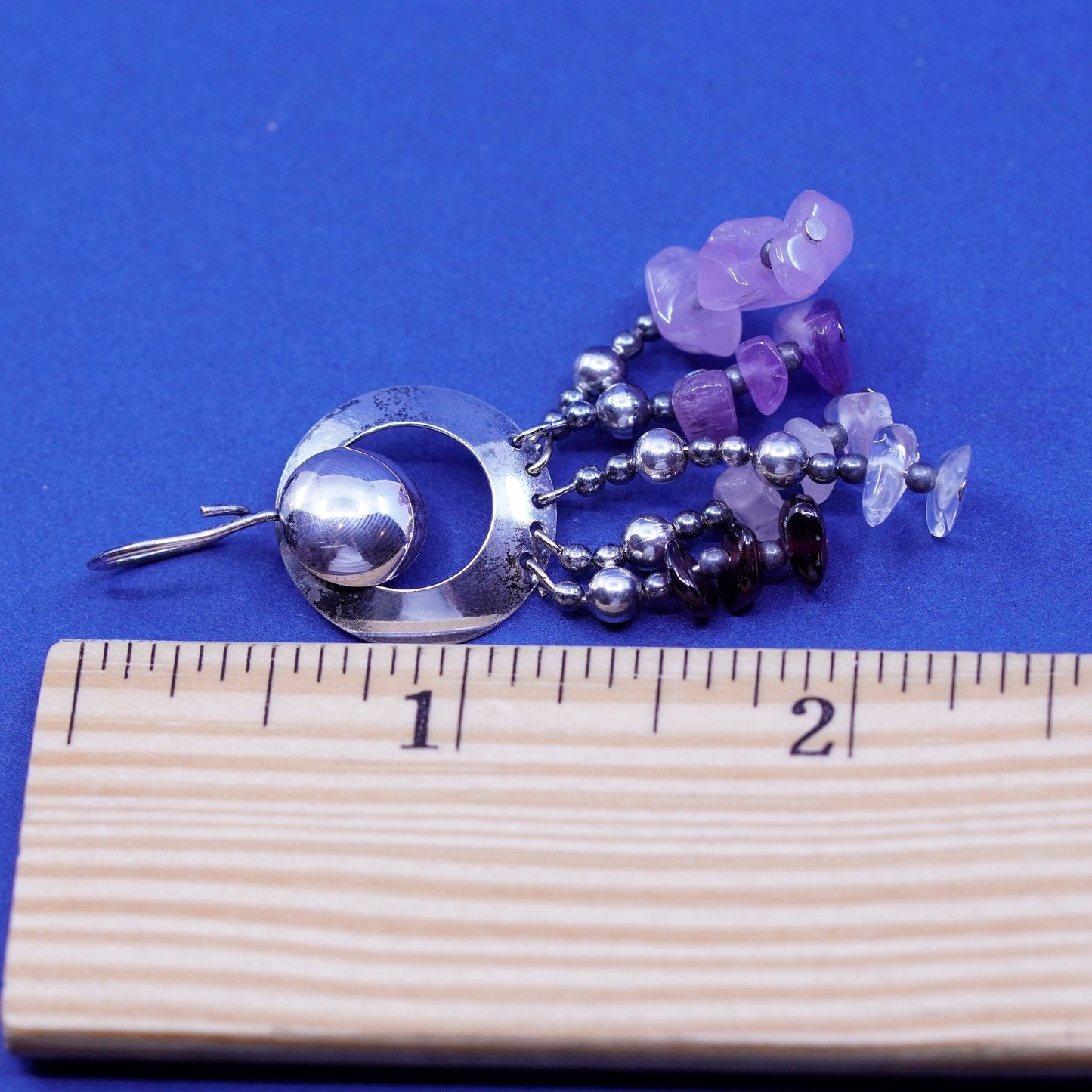 Vintage sterling silver handmade pendant, 925 circle with amethyst beads