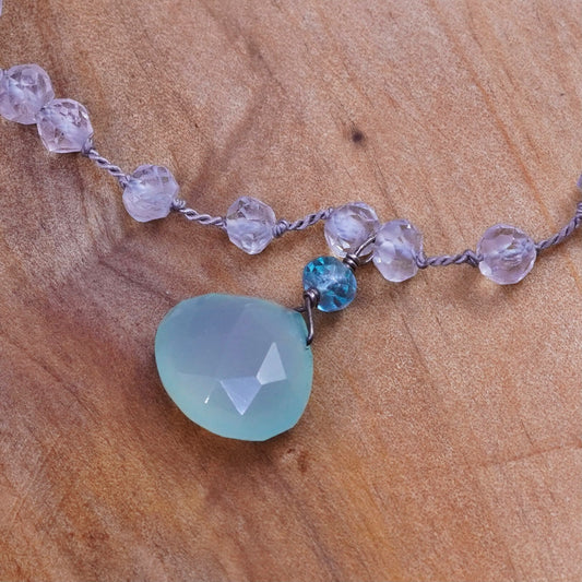 17”, Sterling 925 silver handmade necklace, Prehnite grape beads linen chain