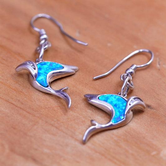 Vintage Sterling 925 silver handmade dolphin earrings with opal inlay