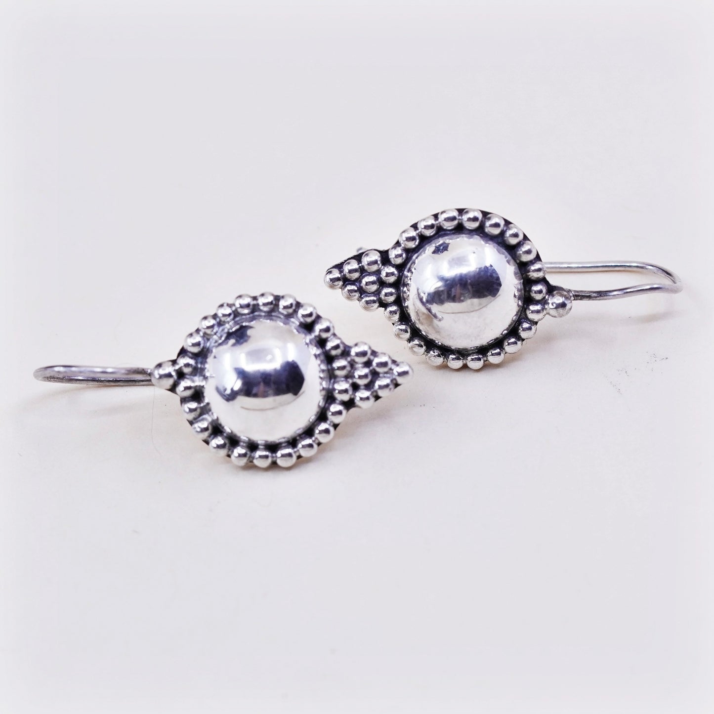 Vintage Sterling silver handmade earrings, 925 circle dangles with beads
