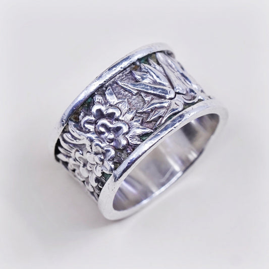 Size 6.25, Vintage sterling silver handmade ring, 925 band w/ flower N leaves