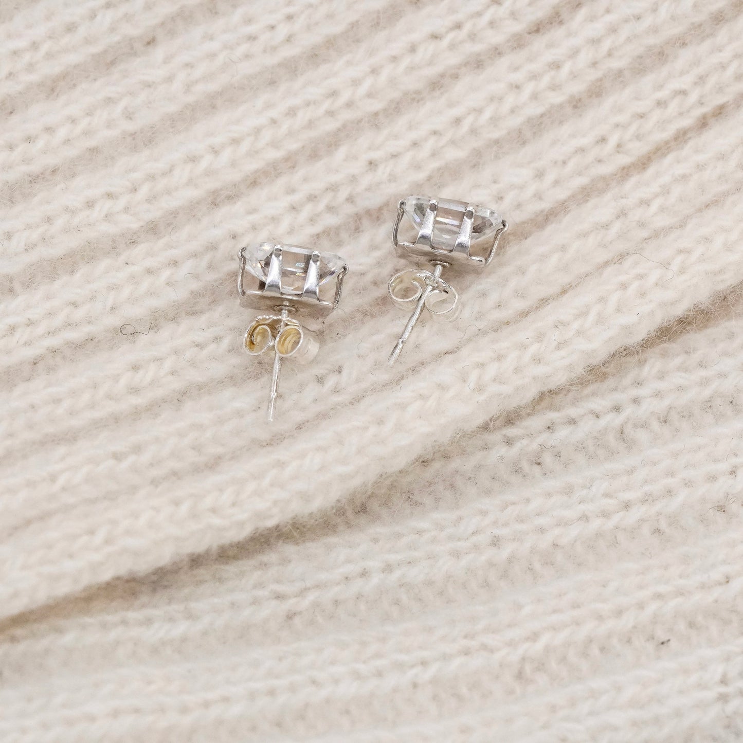 Vintage sterling silver square clear CZ studs, fashion minimalist earrings