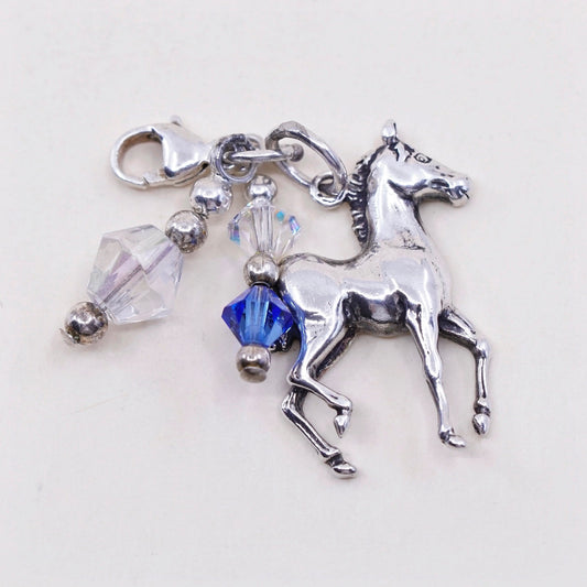 Handmade vintage Sterling silver pendant, 925 horse charm with crystal dangles