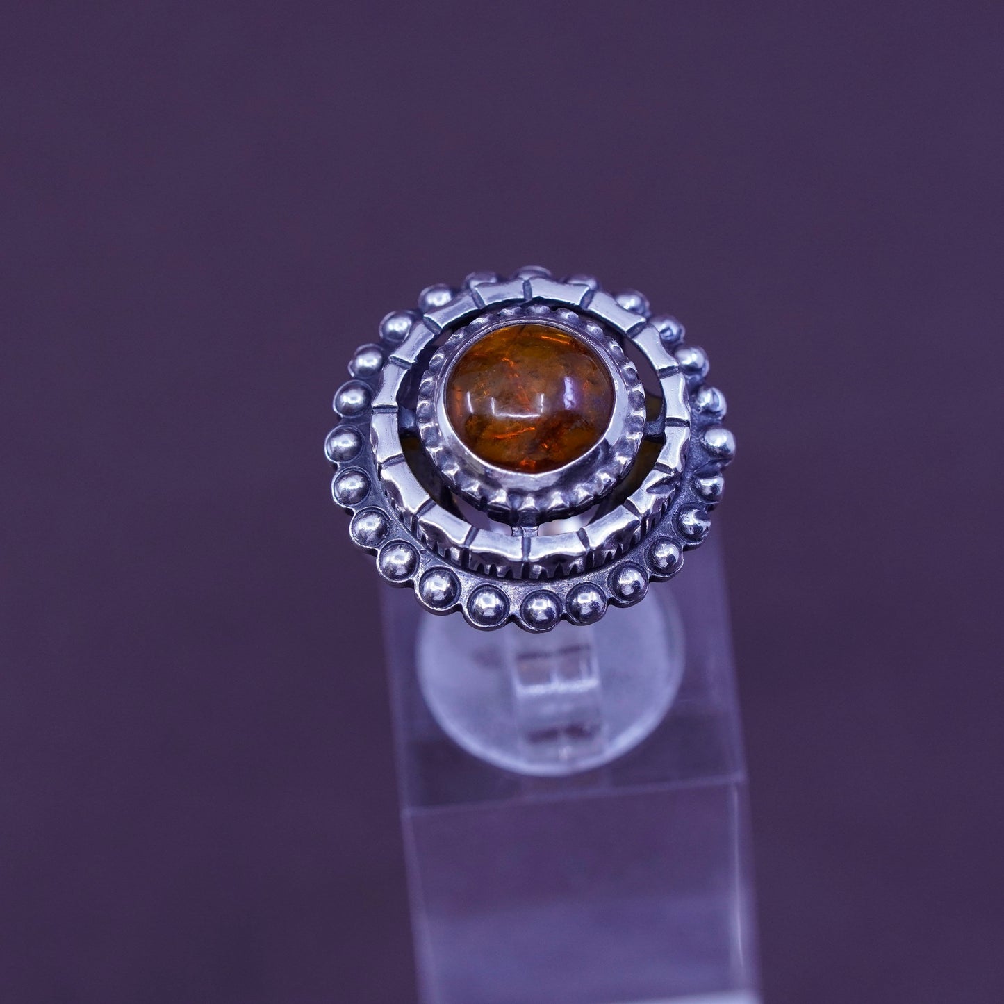 Size 7.5, vtg KALUPE Sterling 925 silver handmade sun ring with Amber and beads