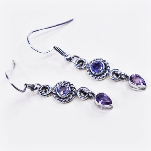 vtg sterling silver handmade earrings, 925 w/ teardrop amethyst drops