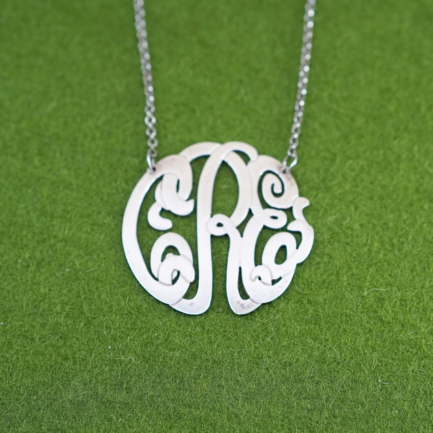 18”, sterling silver necklace, circle chain monogram initial “CRE” pendant name