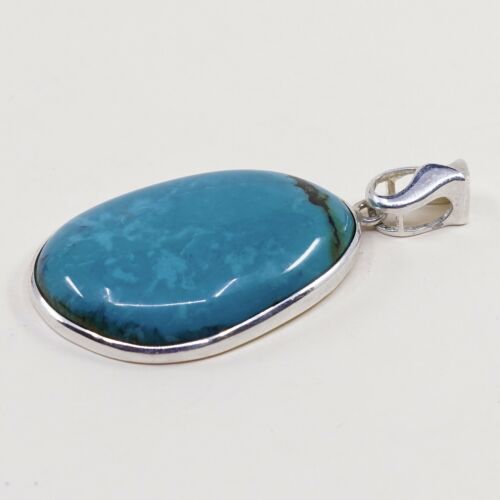 Vtg Sterling Silver Handmade Pendant W/ Huge Oval Shaped Turquoise, Stamped 925