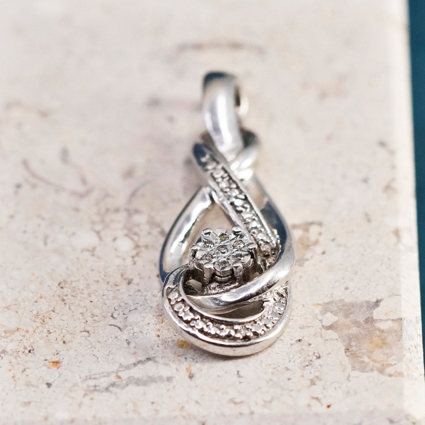 Vintage Sterling silver pendant, entwined 925 teardrop with genuine diamonds