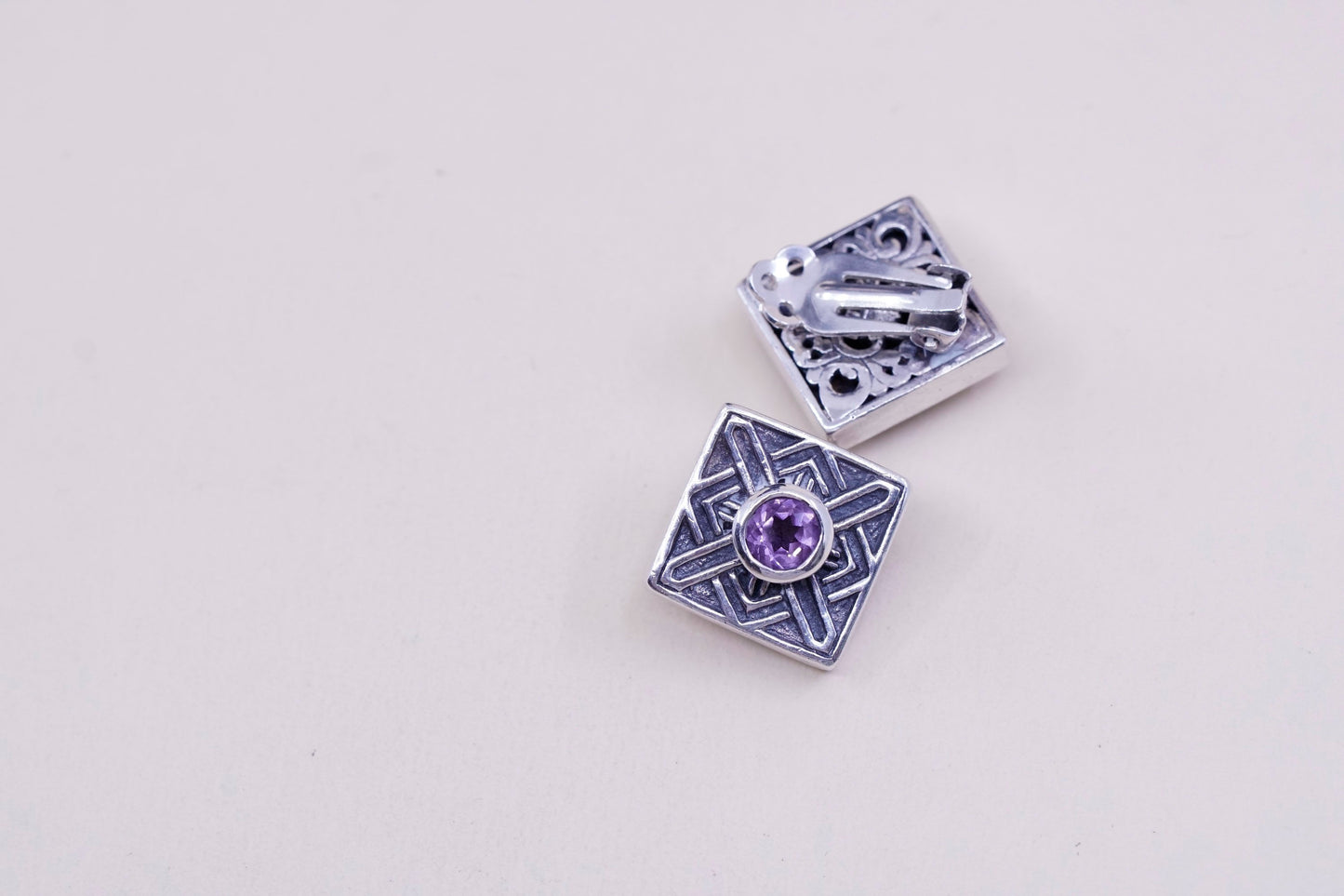 Vintage Sterling 925 silver handmade clip on square earrings with amethyst