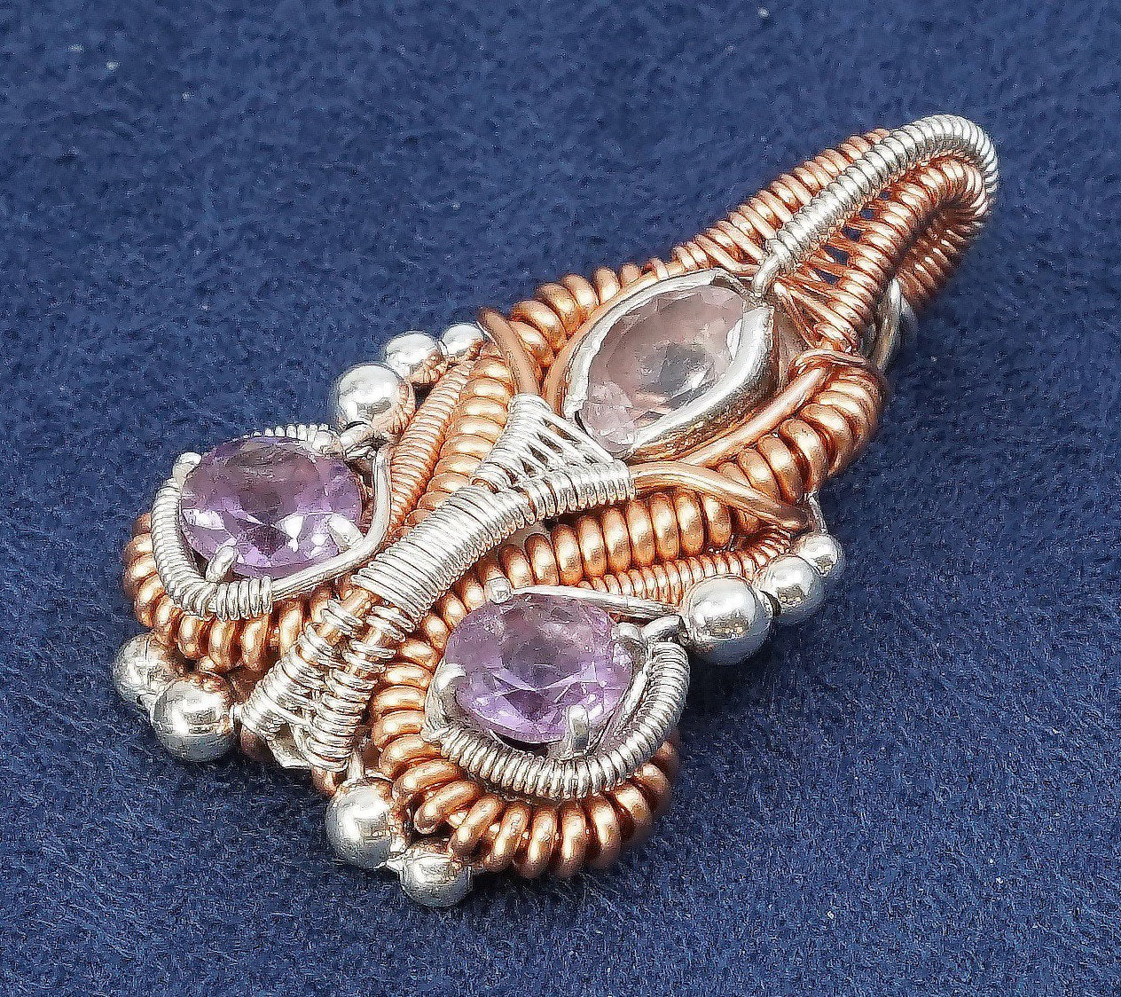 vtg two tone sterling silver with copper handmade pendant, 925 w/ amethyst