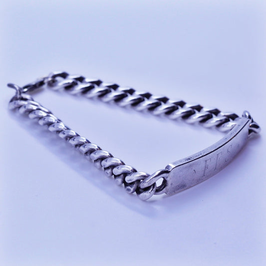 7.5”, doskow Sterling silver bracelet, 925 curb chain name tag engraved “FES”