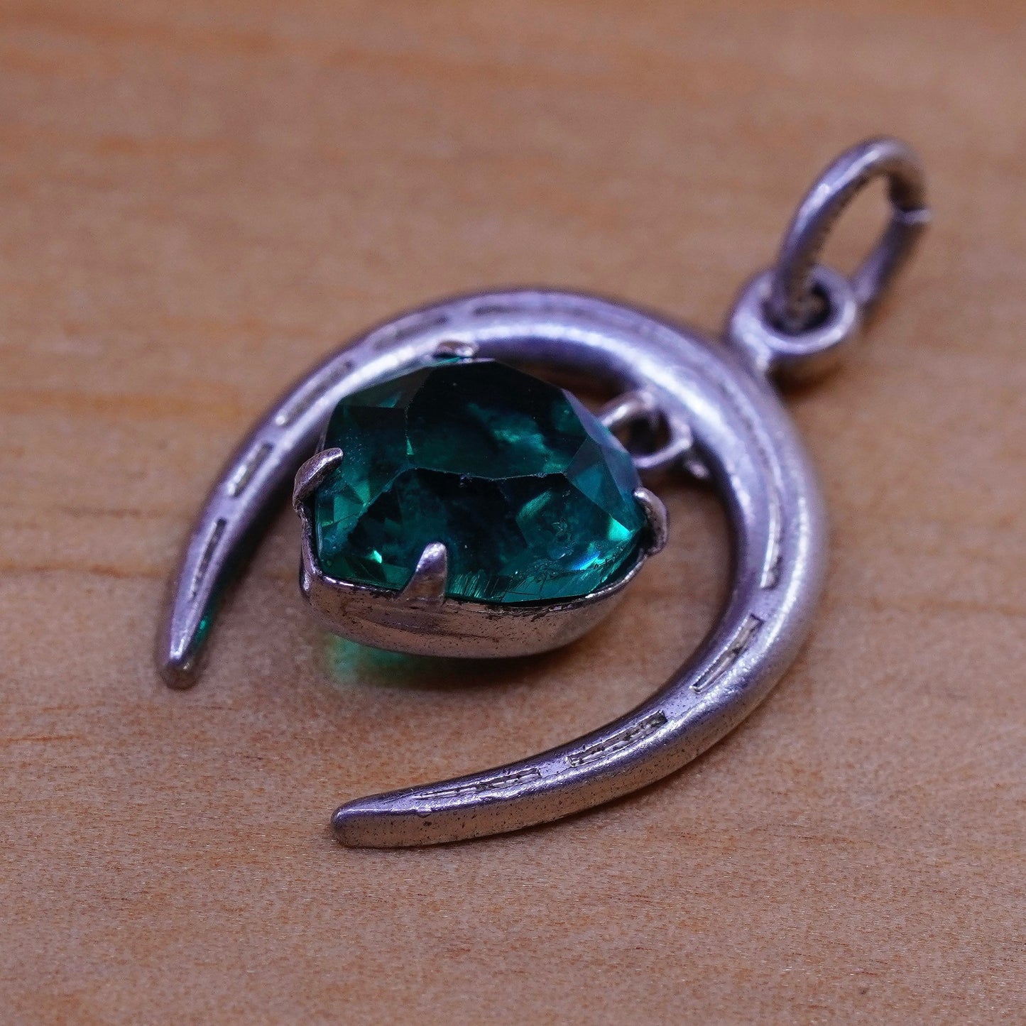 Vintage Sterling silver handmade pendant, 925 horseshoe charm green heart cz
