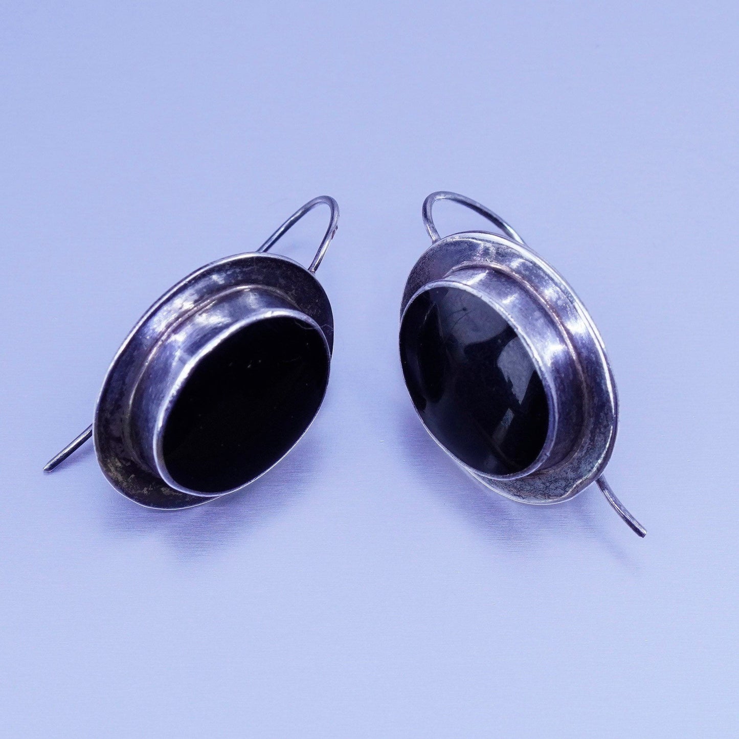 Vintage Sterling 925 silver handmade earrings with oval obsidian