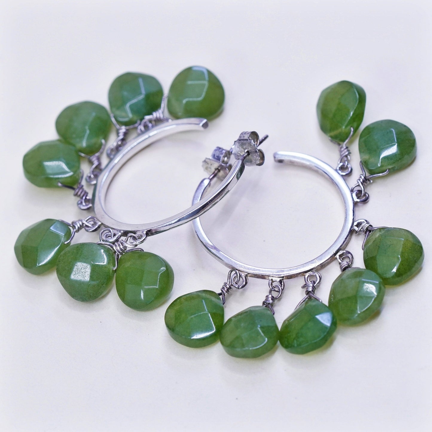 Sterling silver handmade earrings, 925 hoops Huggie with cluster teardrop jade