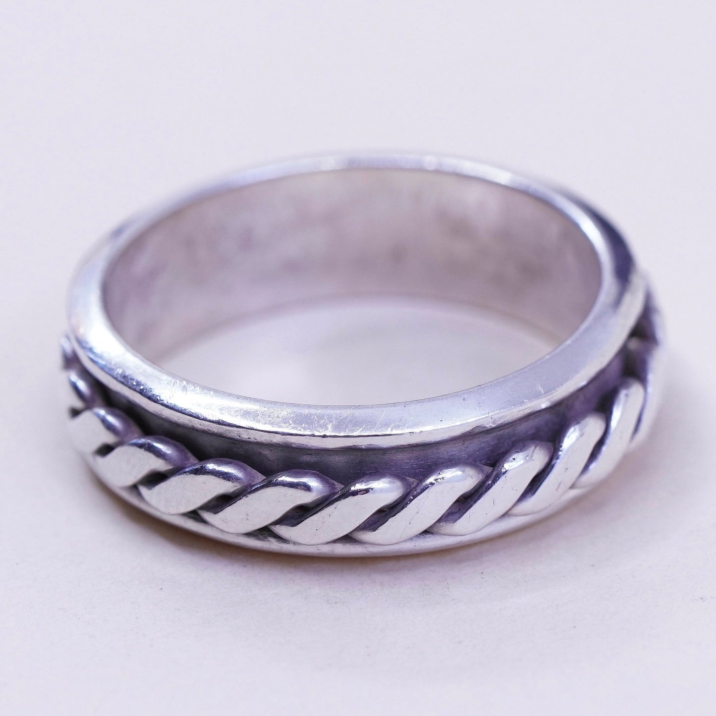 Size 14, vintage sterling silver handmade ring, 925 spinner roller band cable