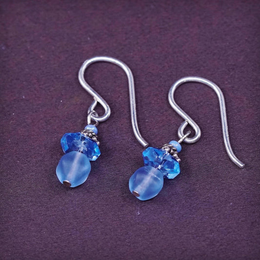 vtg Sterling silver handmade earrings, 925 hooks with blue crystal beads