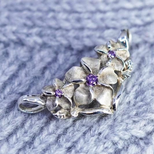 Vintage sterling 925 silver plumeria flower slide pendant with amethyst