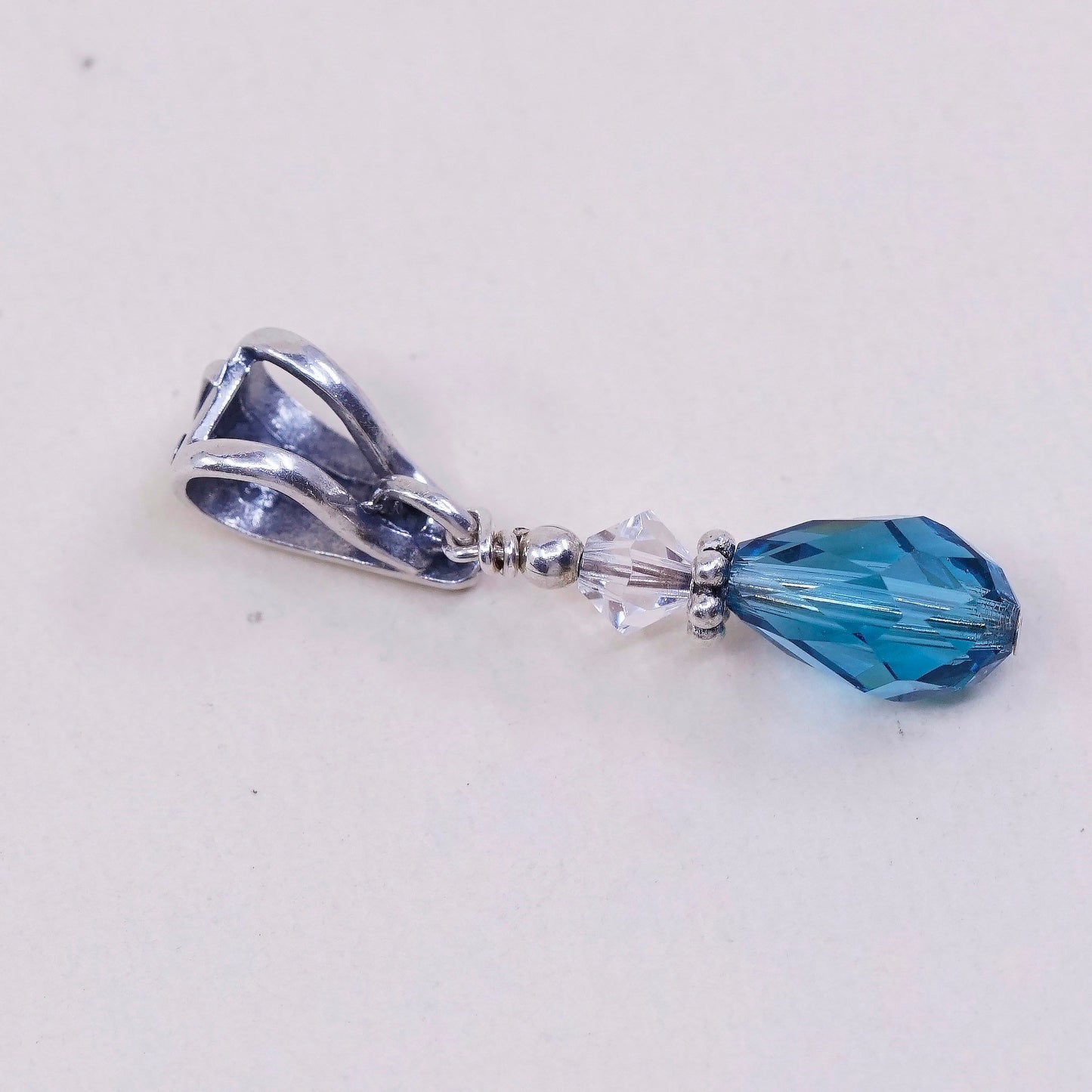 VTG Sterling silver handmade pendant, 925 with teardrop shaped blue crystal