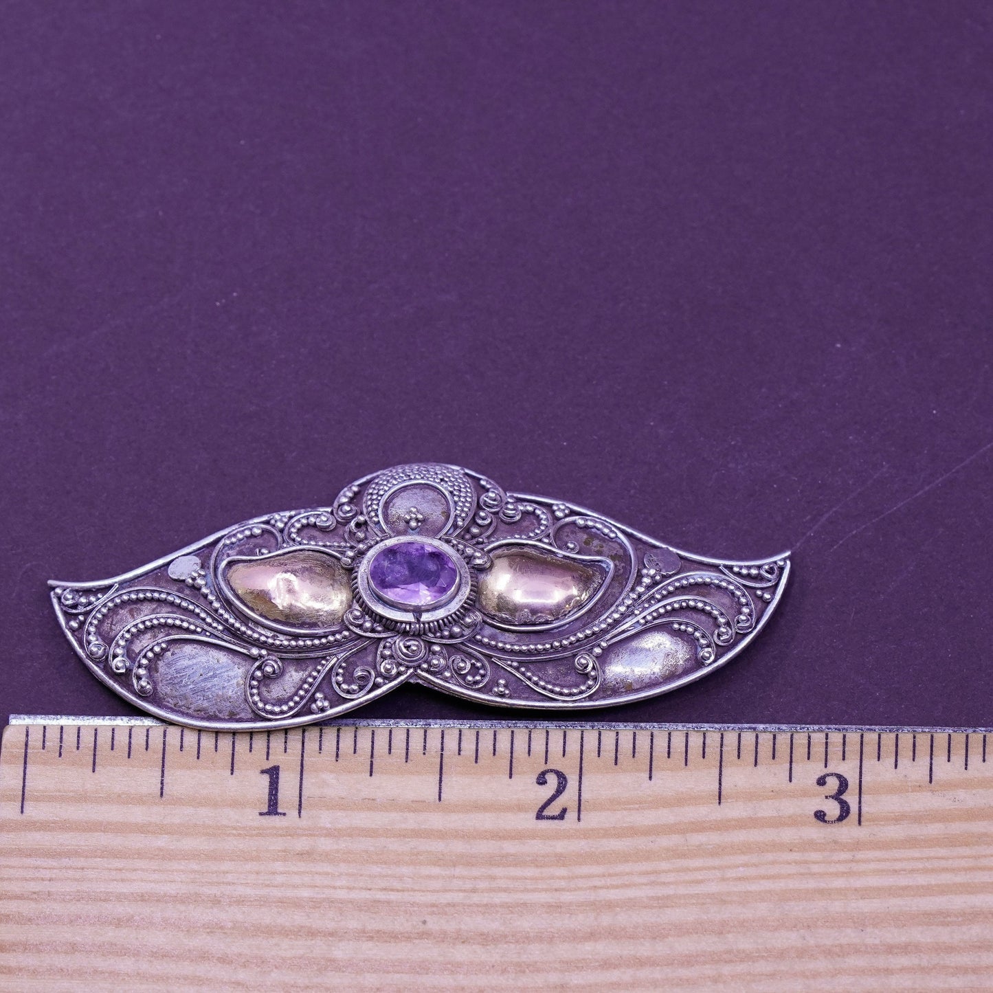 Vintage bali handmade sterling 925 silver long brooch 14K gold accent amethyst