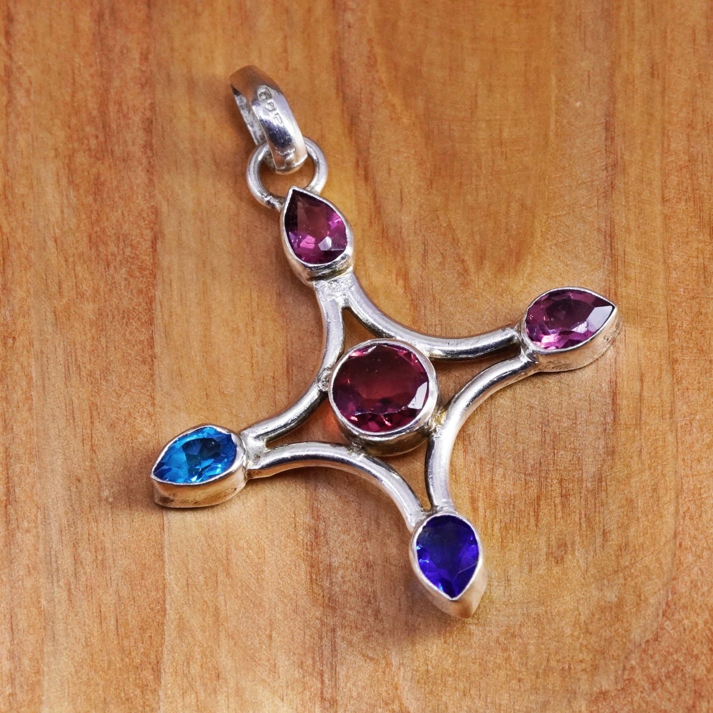 Vintage Sterling silver handmade pendant 925 cross amethyst ruby topaz sapphire