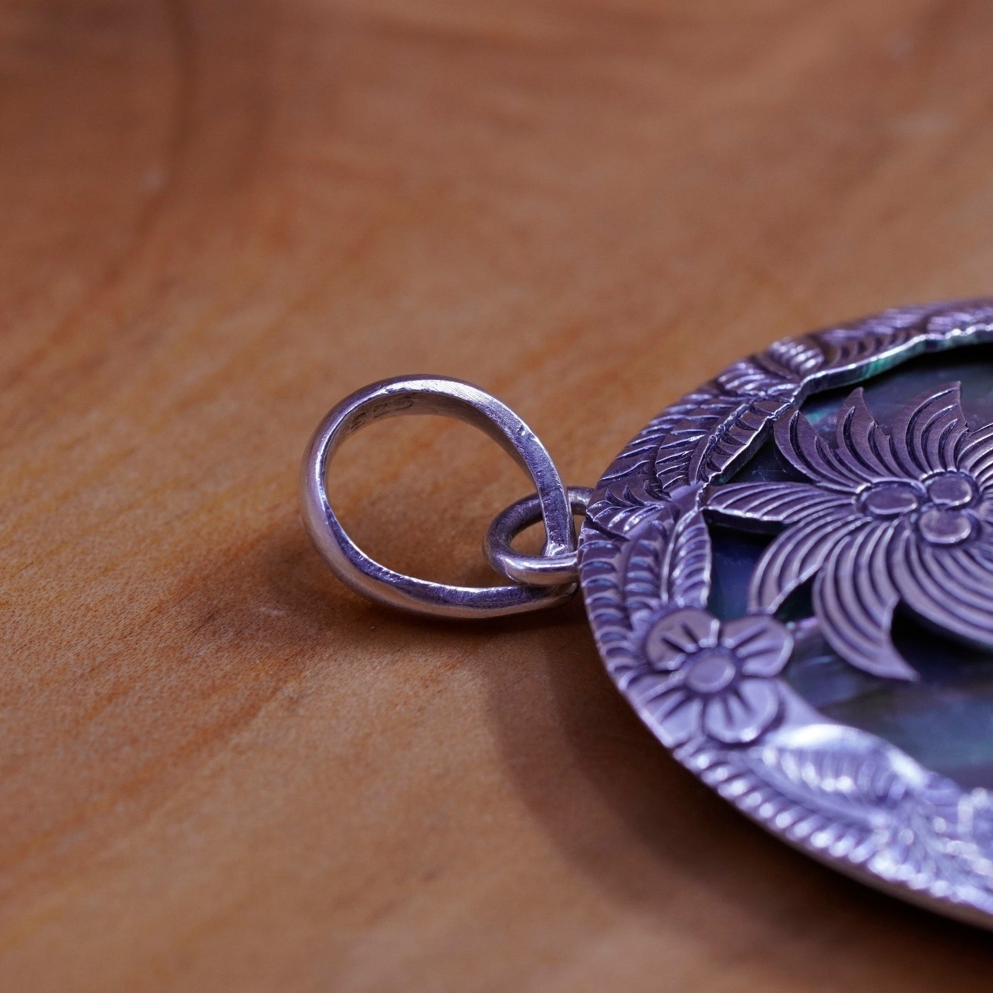 Vintage Sterling 925 silver handmade pendant with oval abalone and Palm tree