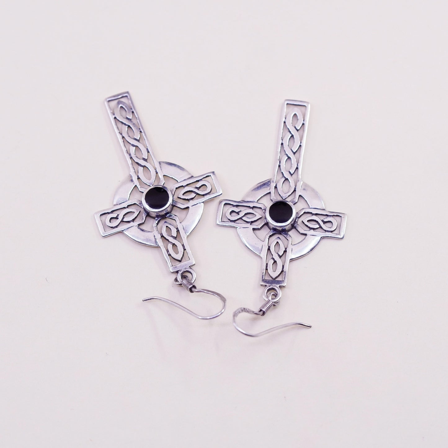 Vintage Irish Sterling silver handmade earrings, 925 cross dangles w/ obsidian