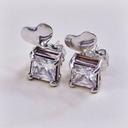 Vtg Sterling Silver Earrings, 925 Silver W/ Square 8mm Cz Studs, Stamped 925