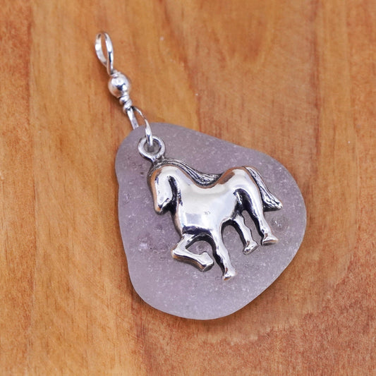 Vintage Sterling 925 silver handmade pendant, horse with seawashed glass