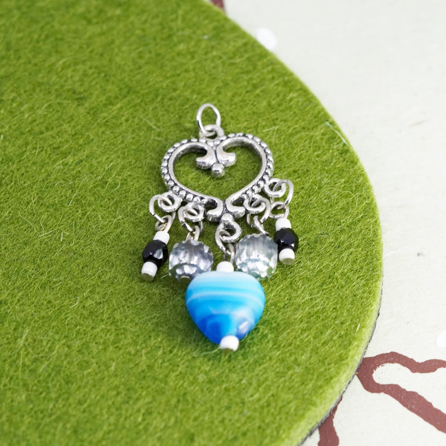 Vintage silver tone heart pendant with Blue agate charms