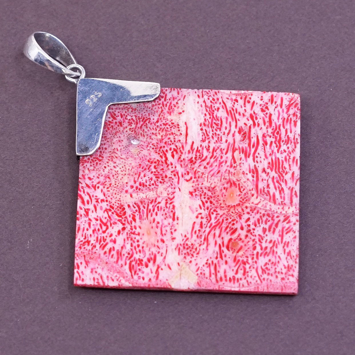 vtg Sterling silver handmade pendant, 925 w/ square discolored coral