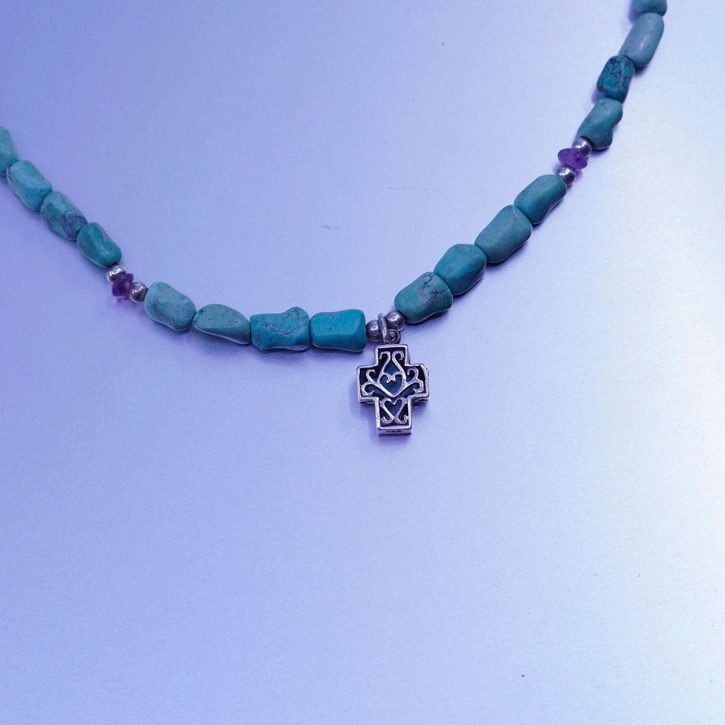 16”, Sterling 925 silver handmade necklace with nugget turquoise cross pendant