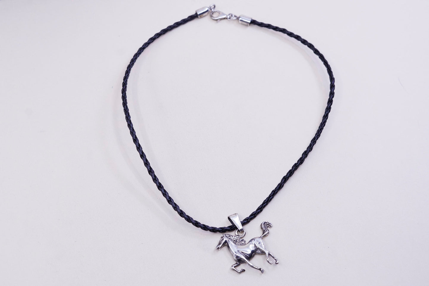 16”, sterling silver handmade necklace, 925 horse pendant black leather chain