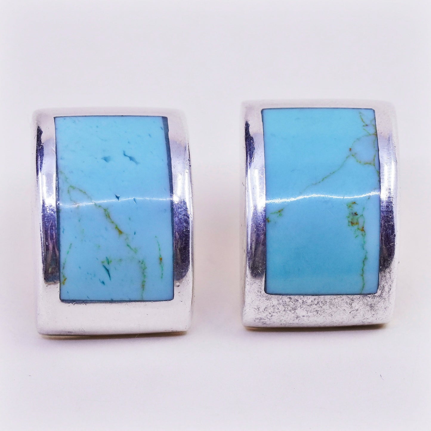 Vintage Sterling silver handmade earrings, Mexico 925 square studs w/ turquoise