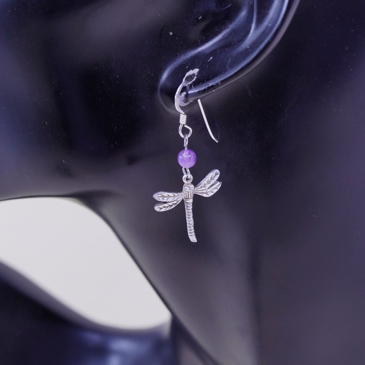 Vintage handmade sterling 925 silver dragonfly earrings with amethyst