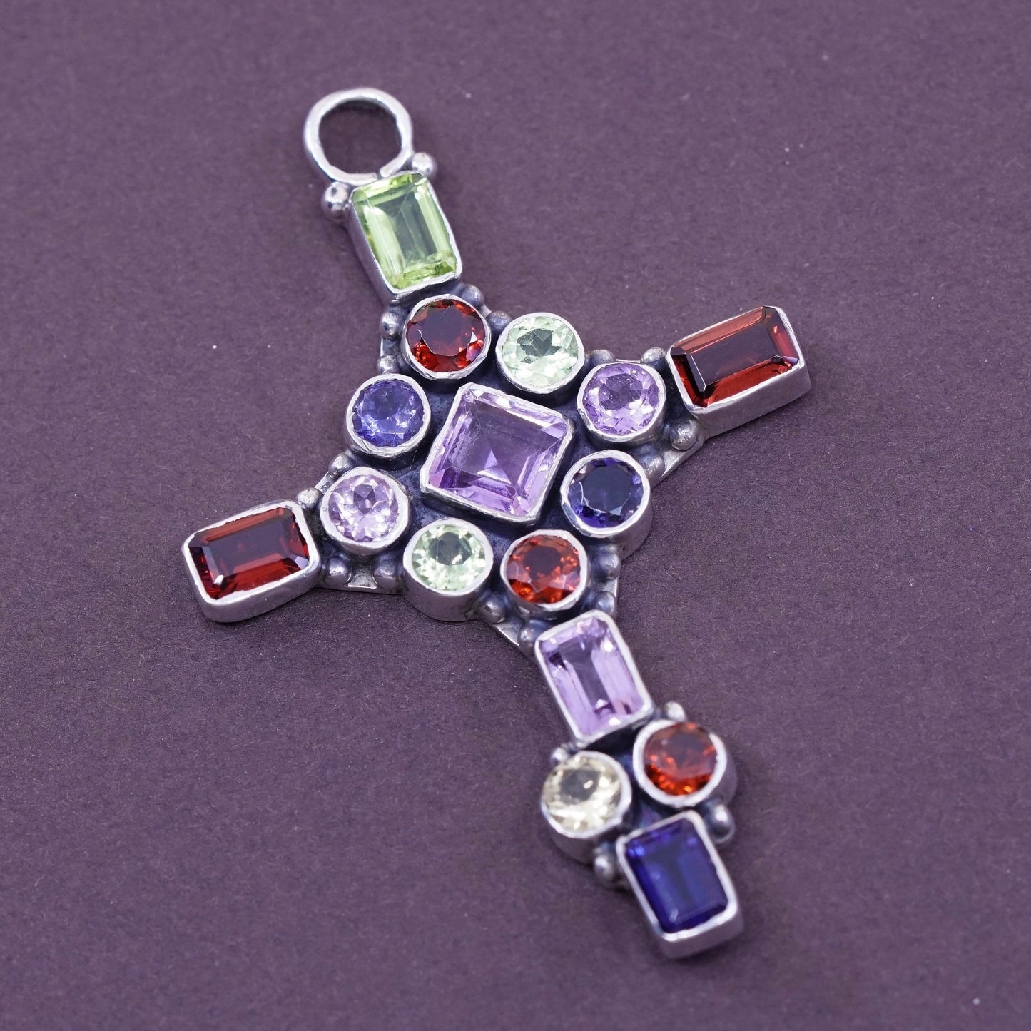 Vintage Sterling 925 silver cross pendant with amethyst, ruby, peridot, citrine