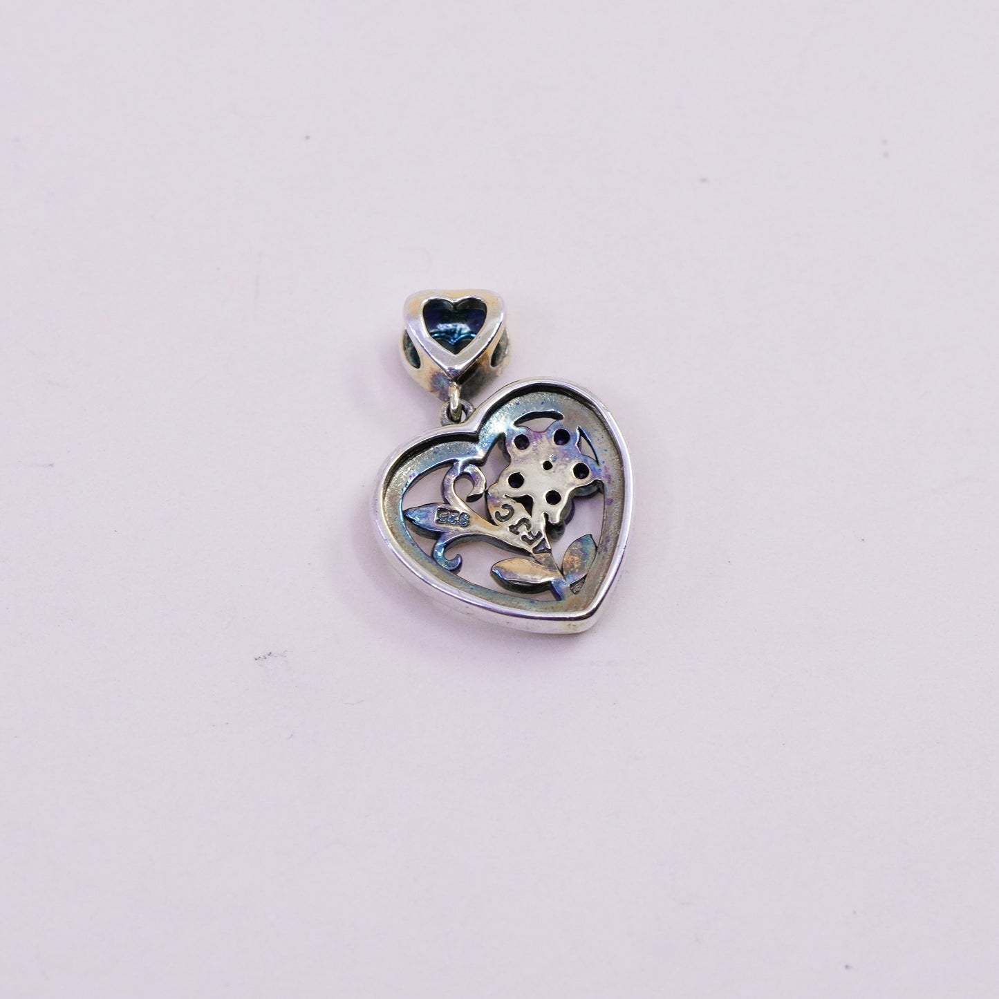 vermeil Gold over Sterling silver pendant, 925 heart pendant sapphire flower