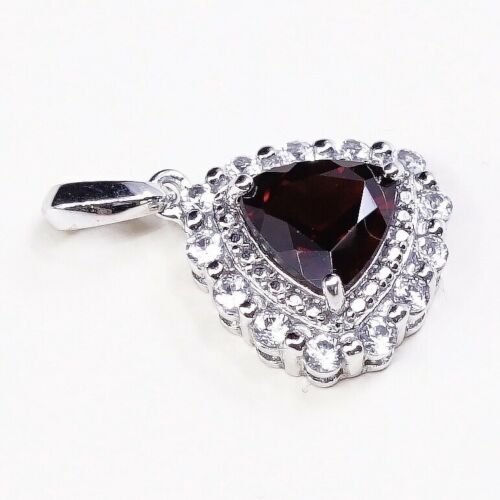 Vtg Handmade Sterling Silver 925 Pendant, Solid 925 Silver W/ Ruby N Cz Around