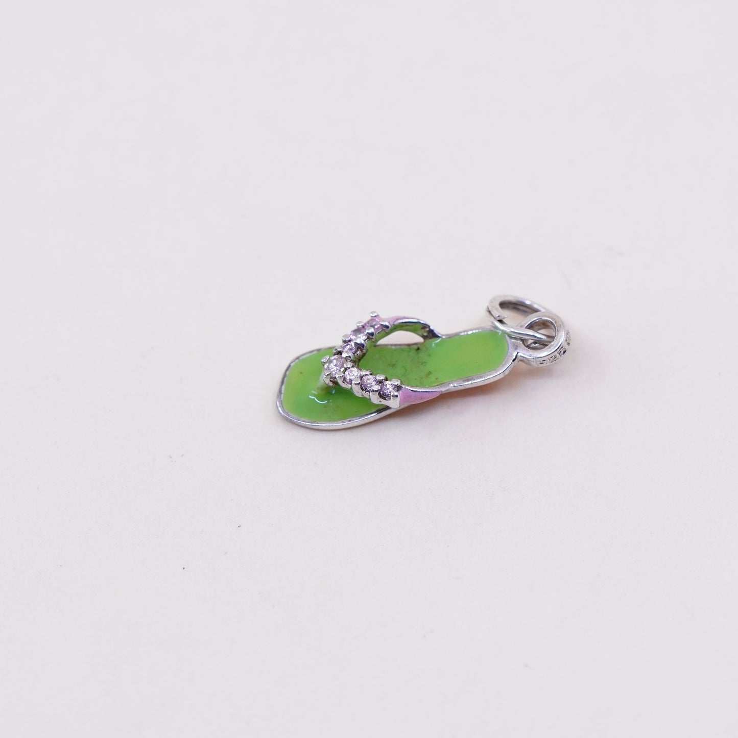 Vintage Sterling silver handmade pendant, 925 green enamel sandal with cz strap